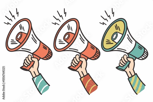 Collection hand holding megaphone vibrate color isolate