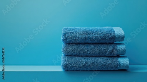 Stack of blue towels on a blue backdrop showcasing a minimalist still life Emphasizing cleanliness and hygiene