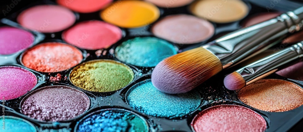 Palette Of Colorful Eyeshadows And Make Up Brushes Close Up Isolated Palette Of Colorful Eyeshadows And Make Up Brushes Close Up Isolated