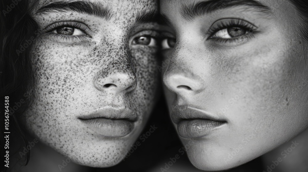 Close up Black and White Portrait of Two Freckled Women Close up Black and White Portrait of Two Freckled Women