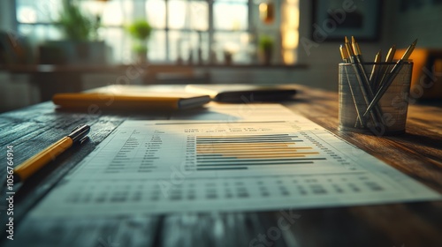 A Wooden Desk with a Yellow Pen, a Notebook, Pens in a Glass, and a Spread Sheet photo