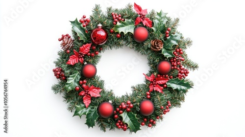 Vibrant holiday wreath adorned with holly and red ornaments on a white background perfect for festive celebrations