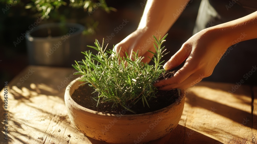 Woman s hands meticulously adding soil to a rosemary plant in a pot, Woman s hands meticulously adding soil to a rosemary plant in a pot,