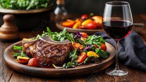 Delicious baked steak accompanied by fresh vegetables and a vibrant salad elegantly presented on a dining table alongside a glass of red wine