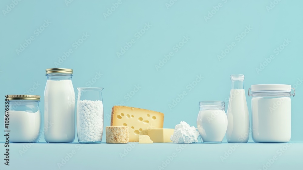 Dairy product assortment featuring jar of milk cheese butter yogurt sour cream and cottage cheese Dairy product assortment featuring jar of milk cheese butter yogurt sour cream and cottage cheese
