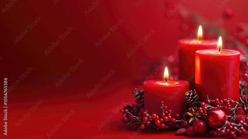 Festive candles atop a vibrant red backdrop Area available for text insertion Festive candles atop a vibrant red backdrop Area available for text insertion