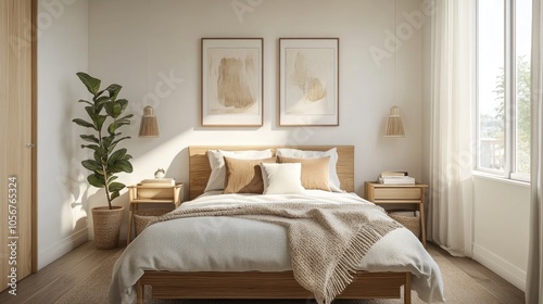 Scandinavian style bedroom featuring neutral decor and artwork above the bed showcasing a minimalist aesthetic