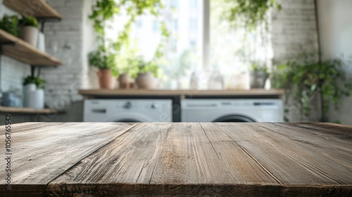 Aged wooden table for product presentation with a blurred washing machine in the background of a laundry space