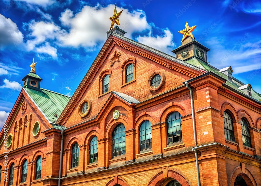 Obraz premium The Sapporo Beer Museum showcases a charming red brick structure, distinguished by arched windows and star symbols, creating a picturesque scene under a clear blue sky.