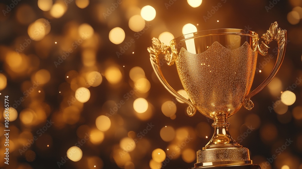 Golden trophy cup for champion winners with a sparkling bokeh backdrop Golden trophy cup for champion winners with a sparkling bokeh backdrop
