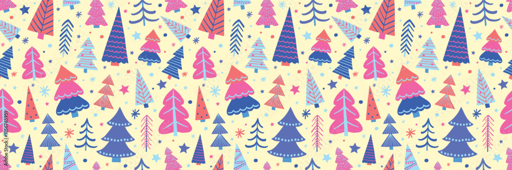 Cute Christmas pattern with colourful trees and snowflakes. Wallpaper concept. Vector illustration Cute Christmas pattern with colourful trees and snowflakes. Wallpaper concept. Vector illustration