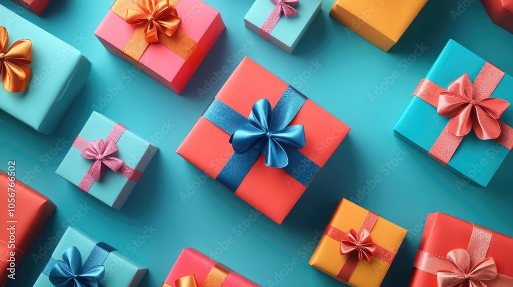 A collection of vibrant gift boxes adorned with decorative bows A collection of vibrant gift boxes adorned with decorative bows