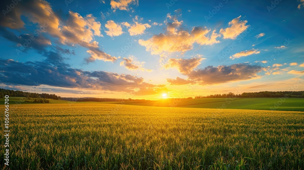 Sunset view over a cornfield with a vibrant blue sky and clouds capturing the essence of agriculture and nature s beauty Sunset view over a cornfield with a vibrant blue sky and clouds capturing the essence of agriculture and nature s beauty