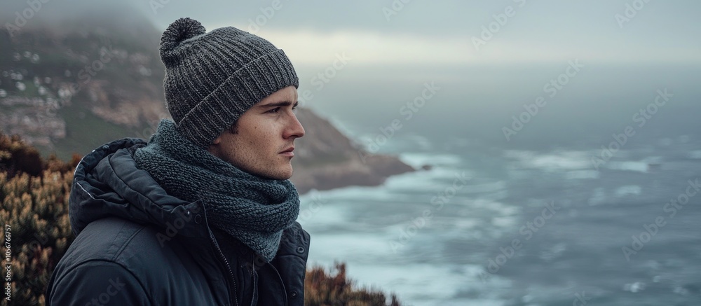 Man Nature And Winter Fashion By Beach For Cold Comfort And Protection In Cape Town Weather Climate English Guy Thinking And Trendy Clothes Of Scarf Beanie And Idea By Overcast Ocean In Morning Man Nature And Winter Fashion By Beach For Cold Comfort And Protection In Cape Town Weather Climate English Guy Thinking And Trendy Clothes Of Scarf Beanie And Idea By Overcast Ocean In Morning