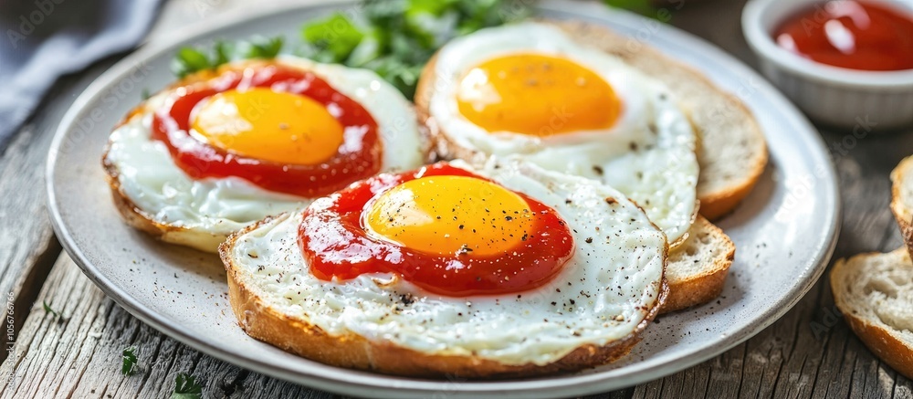 Breakfast Consists Of Eggs Top With Ketchup And Bread On The Side