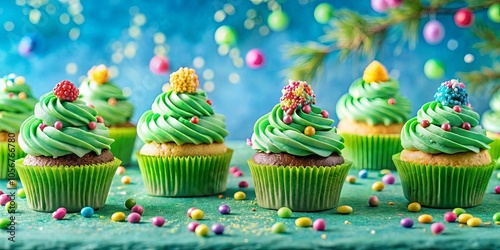 Festive Delights Miniature Green Trees Adorned with Colorful Sprinkles and Candy on a Teal Surface