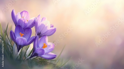 Purple crocus flowers blooming amidst a softly blurred grassy backdrop in the early spring season