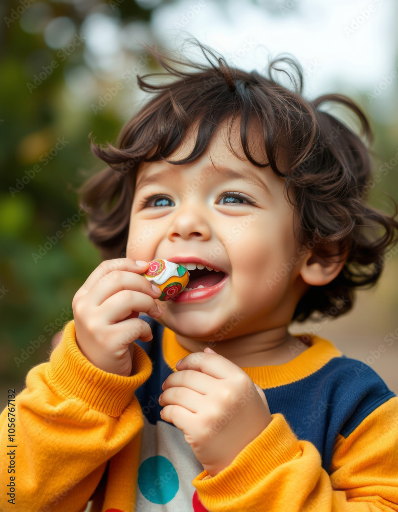 portrait of a child photograph of him happily eating candy, Kids food portrait of a child photograph of him happily eating candy, Kids food