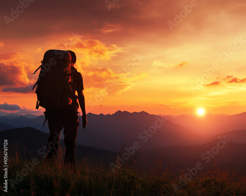 Embracing the beauty of nature a solo hiker at sunset in the mountains capturing the essence of adventure and serenity in the great outdoors