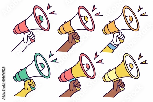 Collection hand holding megaphone vibrate color isolate