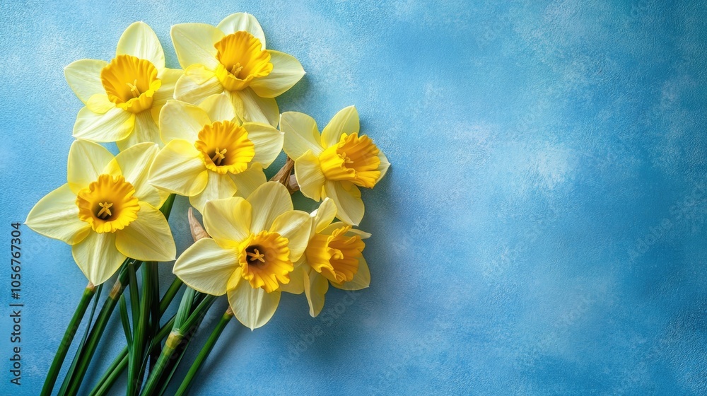 Spring daffodil flowers on a blue backdrop creating a beautiful bouquet perfect for celebrating women and mothers Top view display