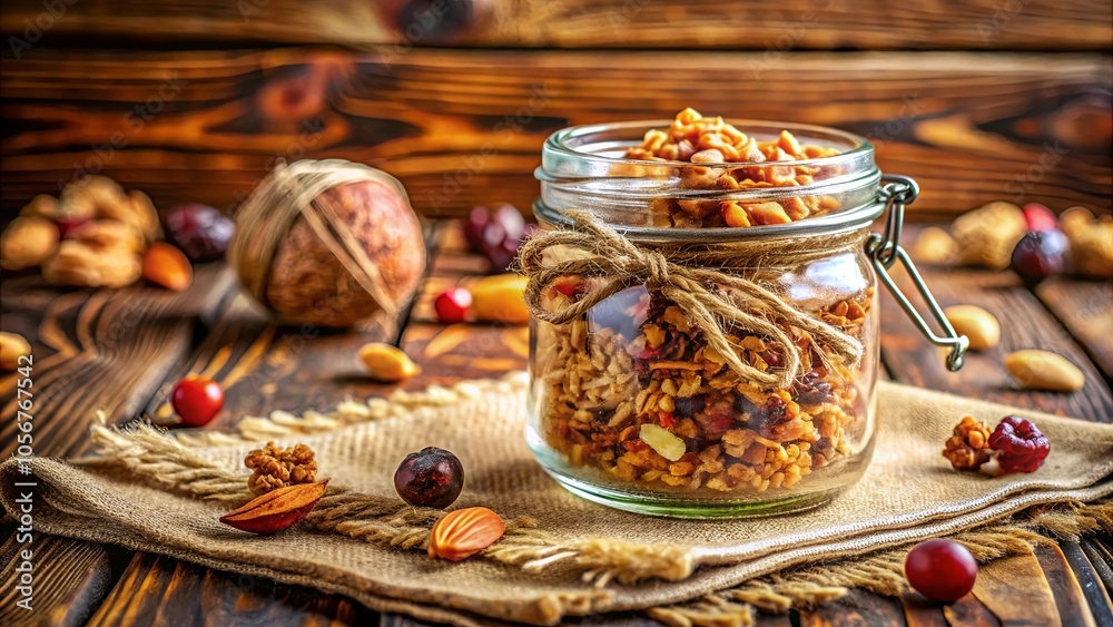 A rustic jar of granola with dried fruit and nuts, adorned with twine, resting on a burlap napkin, surrounded by scattered autumnal elements on a weathered wooden surface. A rustic jar of granola with dried fruit and nuts, adorned with twine, resting on a burlap napkin, surrounded by scattered autumnal elements on a weathered wooden surface.