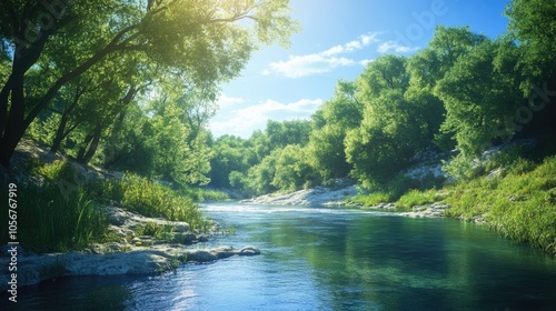 A serene river meanders through rugged terrain flanked by lush trees beneath a bright blue sky