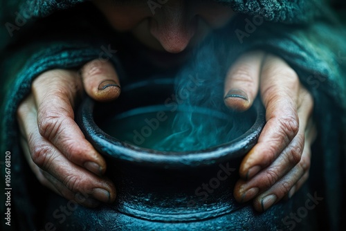 A close-up of a person holding a steaming pot, capturing warmth and tradition, This image is perfect for culinary, cultural, or historical projects, reflecting craftsmanship and comfort,