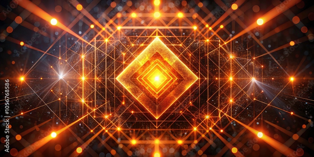 Dark Abstract Background with Orange Glowing Square and Intersecting Lines - Bokeh Effect