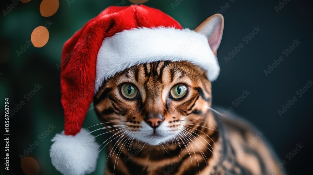 Bengal cat adorned with a festive Santa hat capturing the spirit of the holiday season Bengal cat adorned with a festive Santa hat capturing the spirit of the holiday season