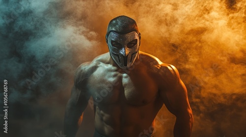 Muscular wrestler in a mask poses dramatically surrounded by smoke