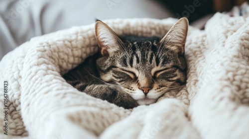A cat is resting comfortably on the bed in a cozy sleeping space