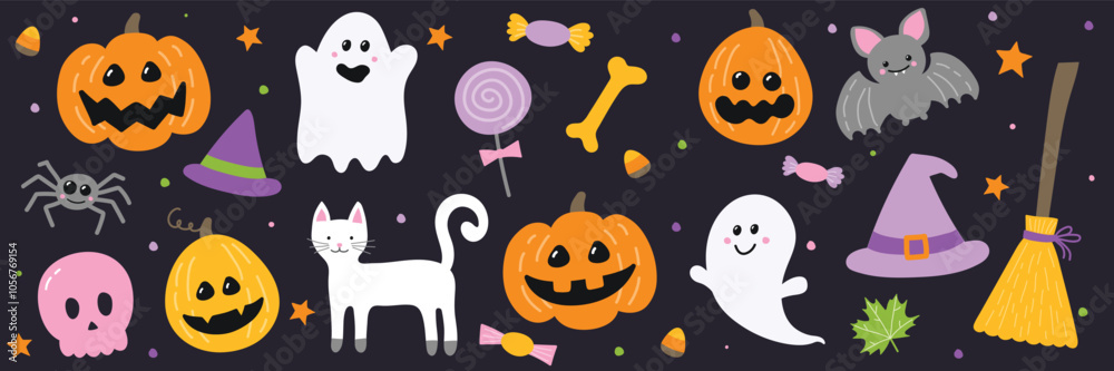 Collection of a hand drawn elements for Halloween. Vector illustration