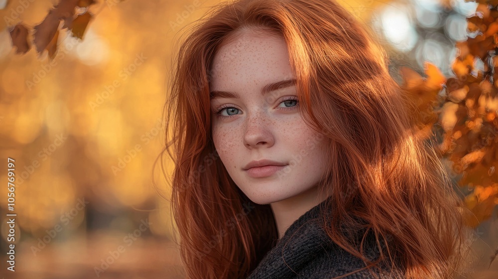 Portrait Of Young Redhead Woman In Autumn Park Portrait Of Young Redhead Woman In Autumn Park