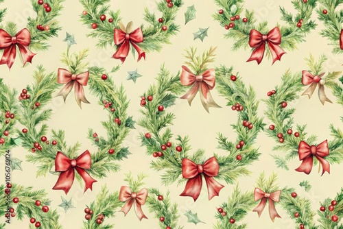 Elegant Watercolor Christmas Wreaths with Bells and Bows in Soft Cream Background for Holiday Decor and Invitations