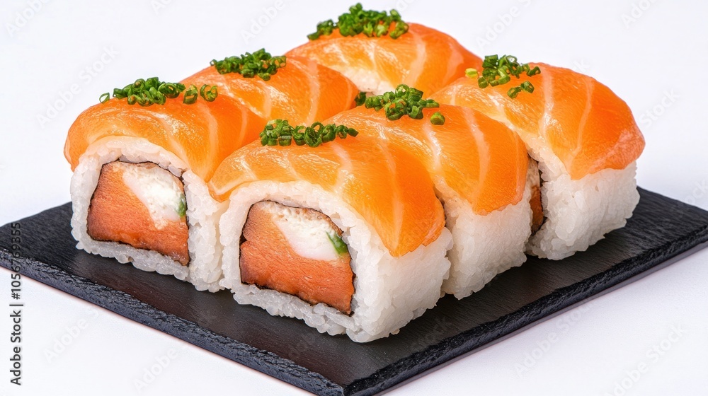 Deliciously crafted sushi rolls featuring fresh salmon and creamy filling on a sleek black plate Deliciously crafted sushi rolls featuring fresh salmon and creamy filling on a sleek black plate