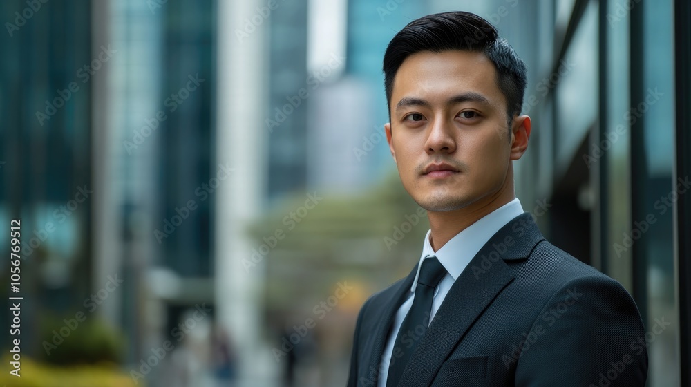 Serious young Asian businessman in a suit standing confidently outside a modern office building representing a professional banking and entrepreneurial image Serious young Asian businessman in a suit standing confidently outside a modern office building representing a professional banking and entrepreneurial image