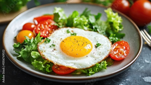 Nutritious breakfast featuring a fried egg fresh tomatoes and a side salad