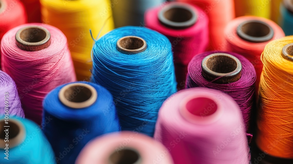 Vibrant sewing threads arranged in a workshop highlighting an assortment of colorful spools utilized in garment making Vibrant sewing threads arranged in a workshop highlighting an assortment of colorful spools utilized in garment making