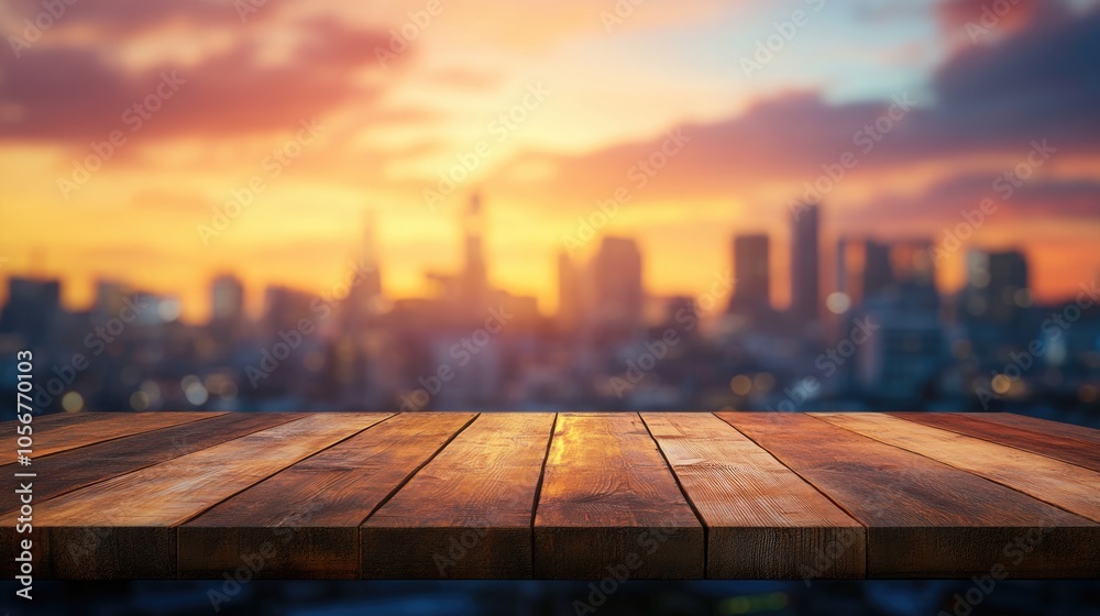 Wooden tabletop offers space for product display with a softly blurred urban skyline illuminated by sunset in the backdrop Wooden tabletop offers space for product display with a softly blurred urban skyline illuminated by sunset in the backdrop