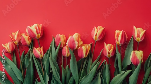 Vibrant spring tulip flowers against a red backdrop in a flat lay composition Ideal for celebrating Women s Day or Mother s Day promotions