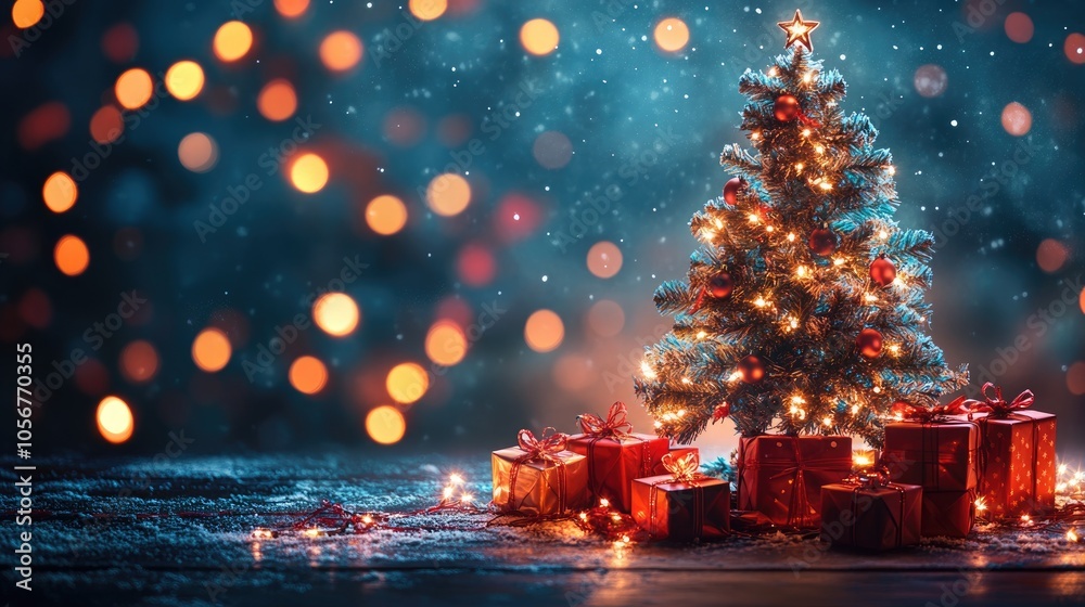 Festive holiday backdrop featuring a Christmas tree presents and joyful decorations glowing brightly Festive holiday backdrop featuring a Christmas tree presents and joyful decorations glowing brightly