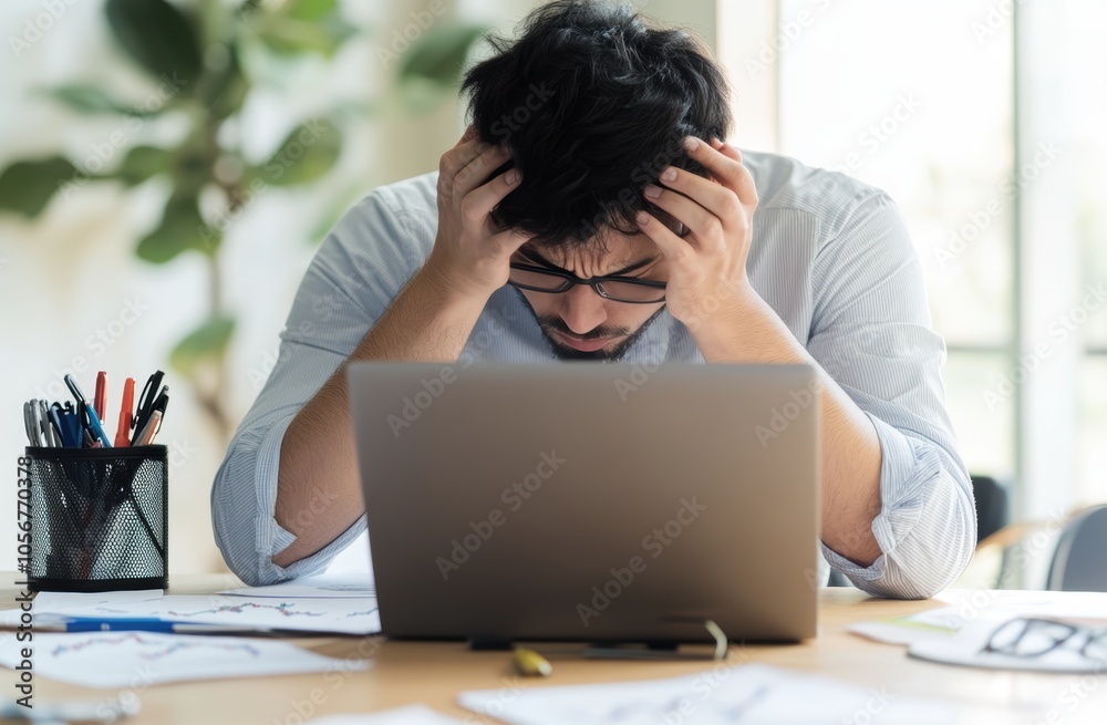 Frustrated young South Asian man with glasses overwhelmed by work at his desk. Frustrated young South Asian man with glasses overwhelmed by work at his desk.