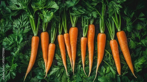 A group of fresh carrots sits atop vibrant green leaves showcasing their rich orange color and intricate texture on their sturdy tapered forms