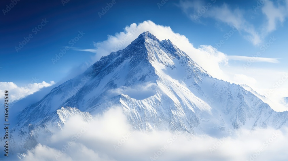 Majestic snowy mountain peak rises above the clouds featuring pristine white slopes that beautifully contrast with the deep blue sky Majestic snowy mountain peak rises above the clouds featuring pristine white slopes that beautifully contrast with the deep blue sky