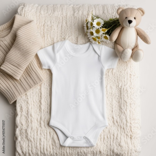 White baby short sleeve bodysuit mockup for presentation cute sublimation designs. bodysuit on textured knit blanket. beige teddy bear, knitted baby socks, and a small bouquet of daisies