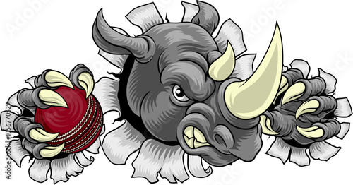 A Rhino Rhinoceros mean tough cartoon sports animal mascot holding a cricket ball