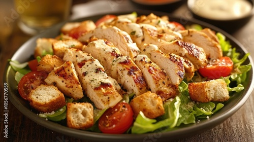 A mouthwatering chicken Caesar salad featuring parmesan cheese tomatoes croutons and a flavorful dressing