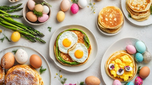 Easter themed breakfast flat lay featuring scrambled eggs bagels pancakes toast with fried egg green asparagus and colorful quail eggs Top view with ample negative space