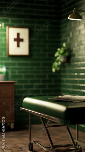 A glimpse into a medical environment the green tiled room with a stretcher and cross artwork highlights the essence of health and healing spaces